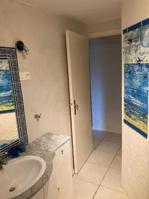 a bathroom with a sink and a shower backdoor at La Bastide de Mauragne - Gîte Les Pivoines in Apt