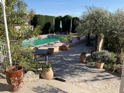 a pool with a bunch of potted plants in a yard at Lou Jasset in Cabrières-dʼAigues