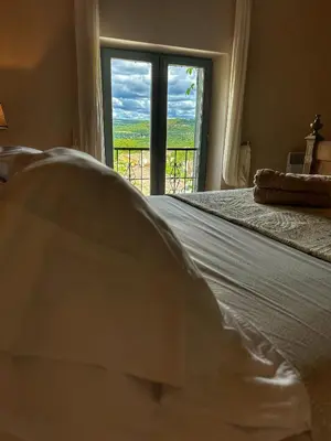 a bedroom with a bed and a window with a view at La Terrasse - Entire townhouse in hilltop village in Saint-Martin-de-Castillon