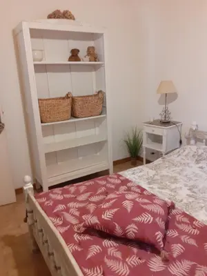 a bedroom with a bed and a white book shelf at Gite Bienvenue Lili in Châteauneuf-de-Gadagne