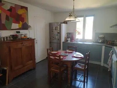 a kitchen with a table and chairs and a refrigerator at Maison en Provence in Entraigues-sur-la-Sorgue
