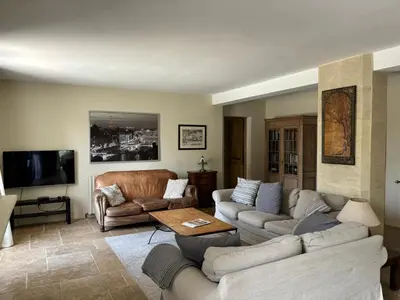 a living room with two couches and a tv at The Olive Garden - Charming Villa for 10 with pool and fast Wifi in Caromb
