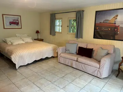 a bedroom with a bed and a couch and a tv at The Olive Garden - Charming Villa for 10 with pool and fast Wifi in Caromb