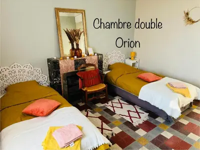 a bedroom with two beds and a mirror at La Cassiopée in Caromb