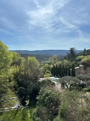 a view of a garden with trees and a river at Luberon en Provence - La maison de Michèle au cœur de Goult in Goult