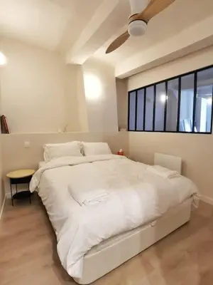 a large white bed in a room with a window at Confortable et cosy appartement en centre-ville in Aix-en-Provence