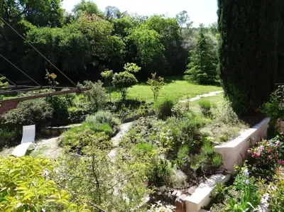 a garden with a lot of plants and trees at Ecolodge Au fil de l'eau, avec piscine intérieure et parc arboré in Lagnes