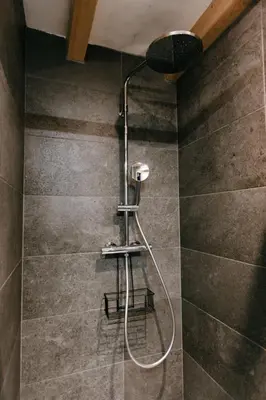 a shower in a bathroom with a shower head at Charming Tiny House in LʼIsle-sur-la-Sorgue