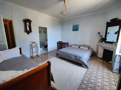 a bedroom with two beds and a fireplace and a clock at Chambre 3 personnes avec salle de bain dans mas du Lubéron in Robion en Luberon