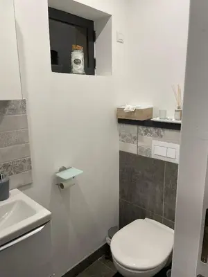 a white bathroom with a toilet and a sink at La maison Anaïa in Gargas