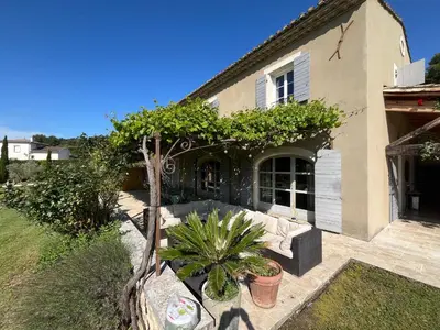a house with a palm tree in front of it at Mas Provençale entre Avignon et St Remy de Provence in Noves