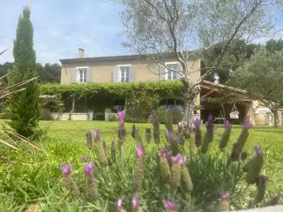 a house with purple flowers in front of it at Mas Provençale entre Avignon et St Remy de Provence in Noves