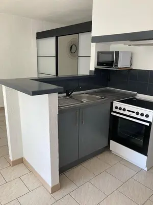 a kitchen with a counter with a sink and a stove at Spacieux 2 chambres, CLIM, parking prive ferme, LOCAL VELOS in Entraigues-sur-la-Sorgue