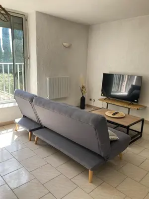 a living room with a couch and a tv at Spacieux 2 chambres, CLIM, parking prive ferme, LOCAL VELOS in Entraigues-sur-la-Sorgue