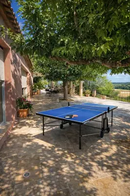 a ping pong table sitting on a patio under a tree at Villa Mireyos in Rognes