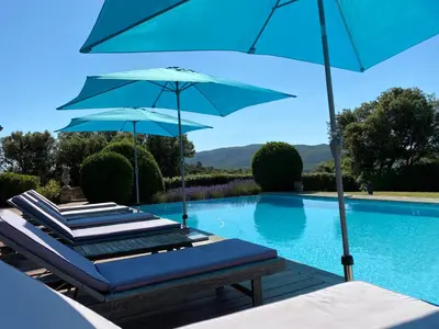 a group of lounge chairs with umbrellas next to a swimming pool at La maison de Inna in Bonnieux