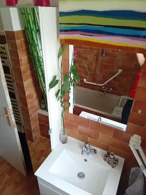 a bathroom with a sink and a mirror at T3 campagne Aix-en-Provence in Meyrargues