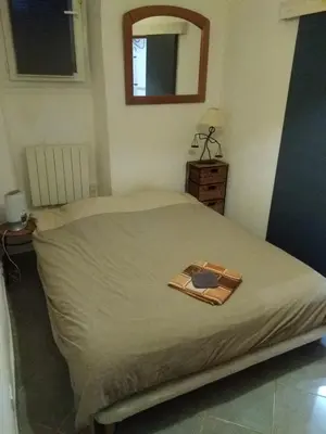 a bedroom with a bed with a mirror on it at Appartement 2 pieces centre ville in Salon-de-Provence