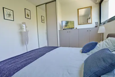 a bedroom with a large white bed with blue pillows at Sérénité au fil de l'eau Appartement de standing in LʼIsle-sur-la-Sorgue