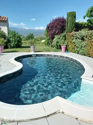 a pool in a backyard with blue water at Le Cabanon d'Amandine et Gabriel in Blauvac