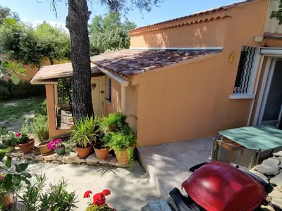 a yard with a house with plants and a scooter at la Cigalière in LʼIsle-sur-la-Sorgue