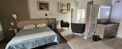 a bedroom with a bed and a sink in it at maison O jasmin in Lagnes