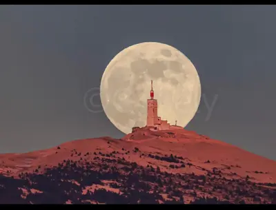 a full moon rising over a mountain with a lighthouse at Maison : L'Appart des Anges 10 personnes in Althen-des-Paluds