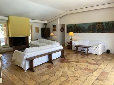 a living room with white couches and a fireplace at Villa Les Gourdeaux in Roussillon