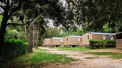 a row of wooden lodges with trees and grass at Camping maeva Respire La Vallée Heureuse in Orgon