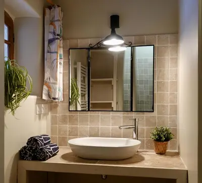 a bathroom with a white sink and a mirror at La Grisonne - Gîte Camus in Revest-du-Bion