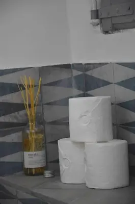 three rolls of toilet paper sitting on a shelf at La loge familiale: 110m2, place rose goudard, AC in LʼIsle-sur-la-Sorgue