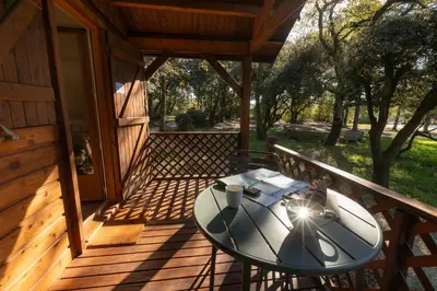 a wooden porch with a table on a deck at Rouleraventoux, Gîte sportif avec piscine, sauna, salle de sport, jardin in Mormoiron