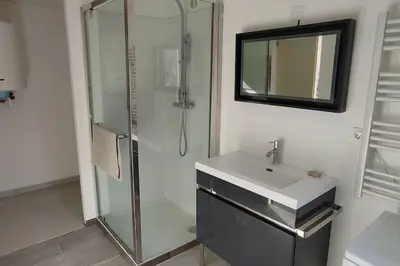 a bathroom with a shower and a sink and a mirror at Charmant studio indépendant dans la colline in Eyguières