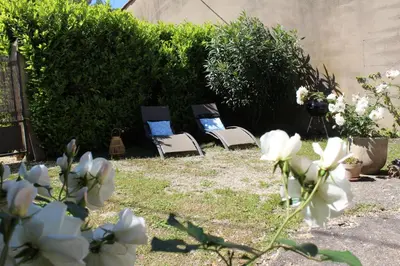 two chairs sitting in a yard with white flowers at Lou Pitchoun Cabanoun à Eygalières 