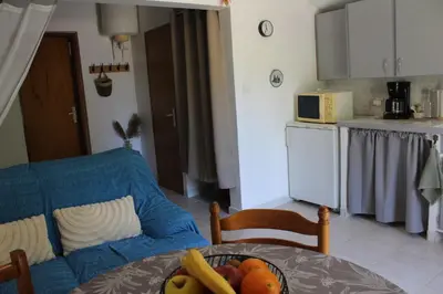 a kitchen with a table with a bowl of fruit on it at Lou Pitchoun Cabanoun à Eygalières 