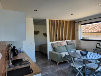 a living room with a couch and a table at Gîte au pied du mont ventoux in Bédoin