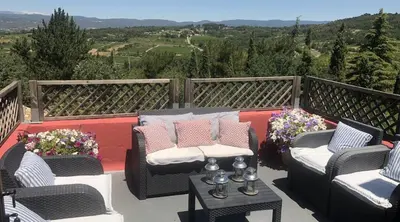 a patio with two couches and a table with flowers at ELIA HOUSE in Goult