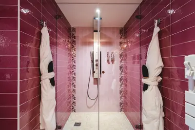 a bathroom with a shower with pink tiles at Le Palais d'Aglaé, Hôtel de Charme in Gordes