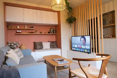 a living room with a couch and a tv at Appartement 2 Queenbed parking clim wifi in Aix-en-Provence