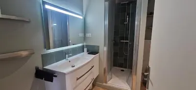a white bathroom with a sink and a shower at Appartement 2 Queenbed parking clim wifi in Aix-en-Provence