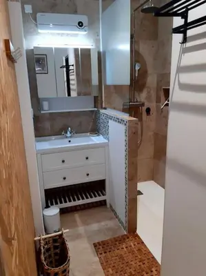 a bathroom with a sink and a mirror at Appartement Au Murmure des Eaux à Fontaine-de-Vaucluse in Fontaine-de-Vaucluse