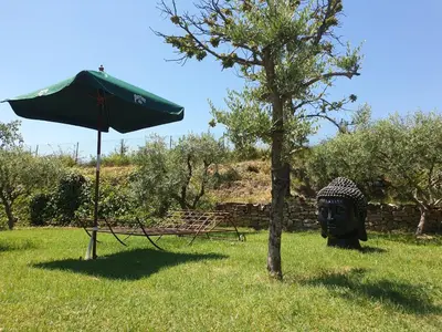 a statue of a head next to a green umbrella at Chambre d'hôtes in La Tour-dʼAigues