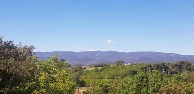 a helicopter flies over a valley with trees and mountains at Chambre d'hôtes in La Tour-dʼAigues