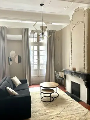 a living room with a couch and a fireplace at Splendide T2 au coeur d'Aix et du Cours Mirabeau in Aix-en-Provence