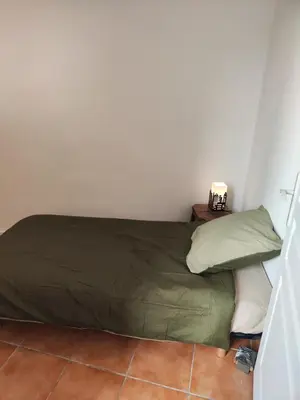 a bed in a room with a green comforter and pillows at Apt capitale du Luberon appartement 3 chambres 4 lits in Apt