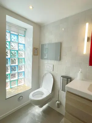a white bathroom with a toilet and a window at Au calme dans la campagne Aixoise, entouré de cyprès in Aix-en-Provence