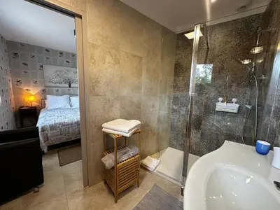 a bathroom with a shower and a tub and a bed at Le refuge des oiseaux in Lourmarin