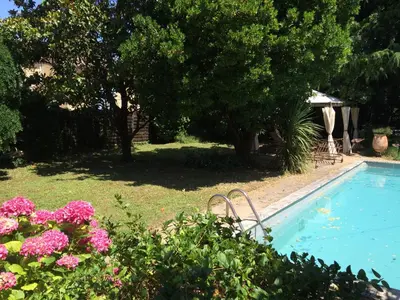 a swimming pool with pink flowers in a yard at Maison provençale avec piscine in Loriol-du-Comtat