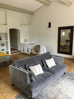 a living room with a gray couch and a mirror at L'Atelier de la Baronnie - Lubéron in Cabrières-dʼAvignon