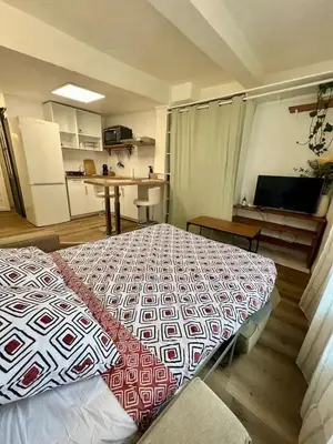 a bedroom with a bed and a kitchen with a table at Studio centre historique à Carpentras in Carpentras
